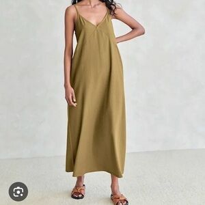 Jenni Kayne Riviera Slip Maxi Dress Textural Raw Silk Safari M